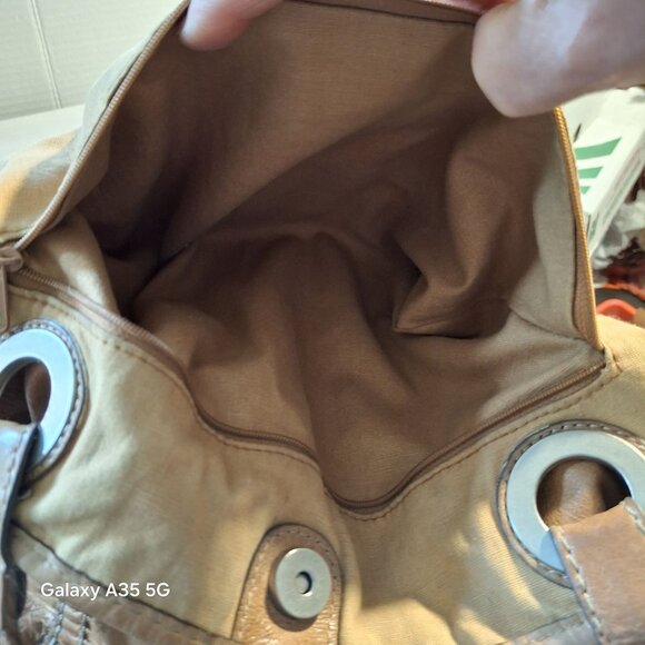 Fossil Tan Leather Shoulder Bag With Grommet Details & Key Charm Boho Cozy - Picture 10 of 14